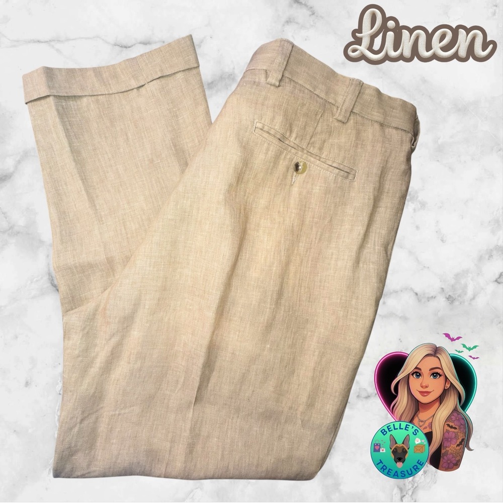 Jos. A. Bank Travelers Collection Mens 38x30 Tan 100% Linen Pleated Cuffed Pants